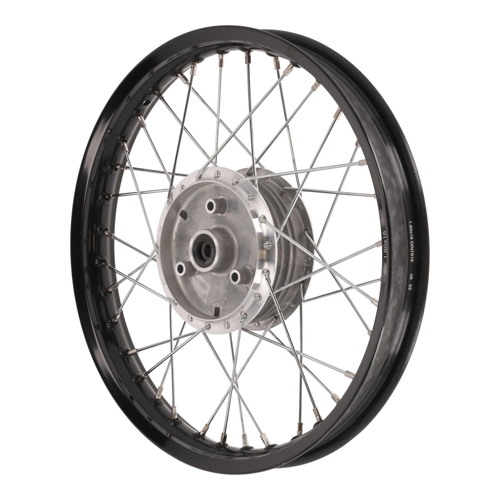 Speichenrad 1,60x16 Zoll Alufelge, schwarz eloxiert und poliert + Chromspeichen