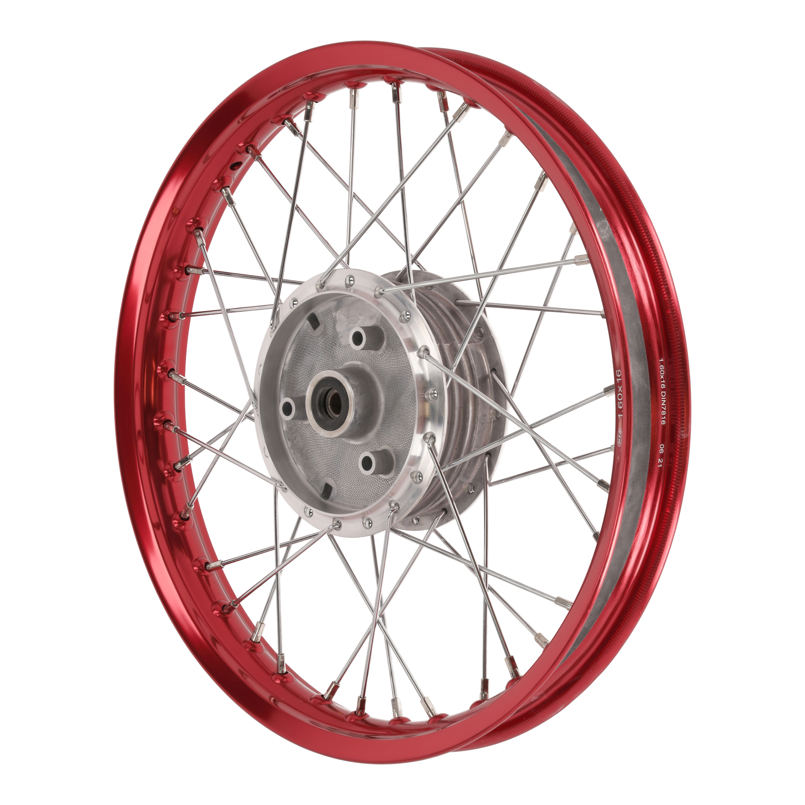 Speichenrad 1,60x16 Zoll Alufelge, rot eloxiert und poliert + Chromspeichen (Radnabe: Graugussbremsring, abgedrehte Flanken)
