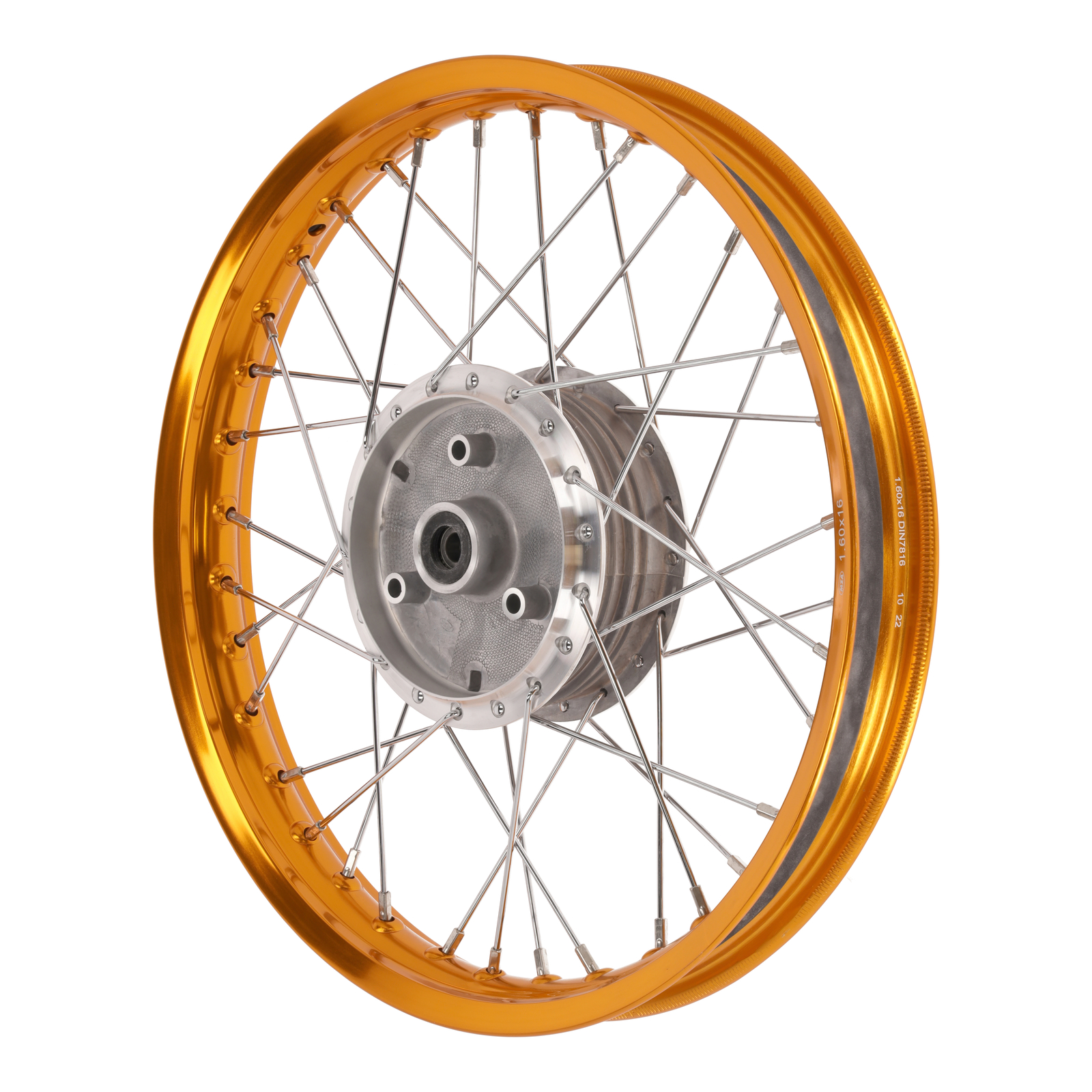 Speichenrad 1,60x16 Zoll Alufelge, orange eloxiert und poliert + Chromspeichen (Radnabe: Graugussbremsring, abgedrehte Flanken)