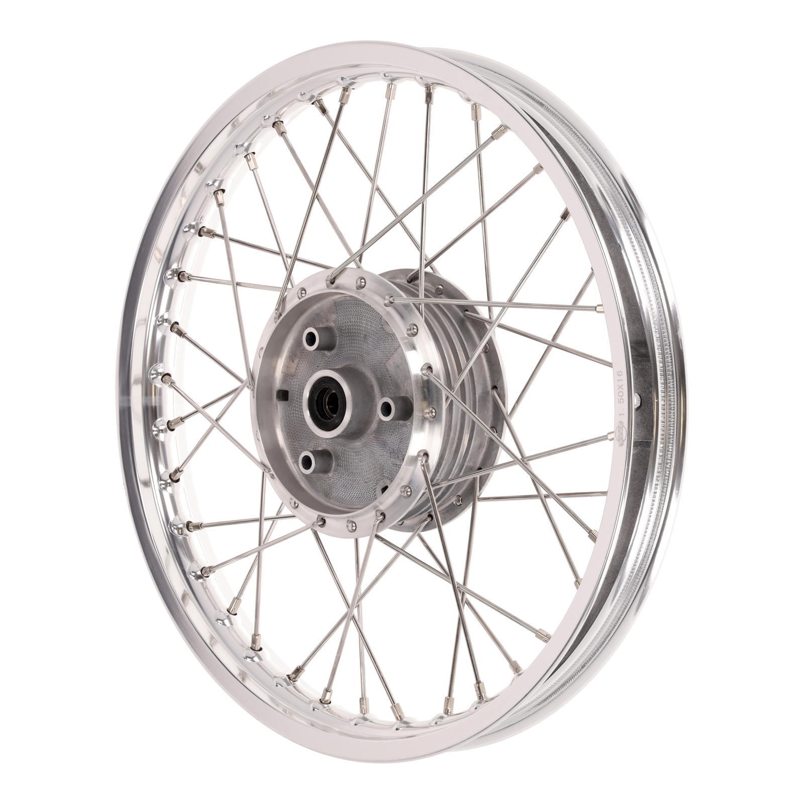 Speichenrad 1,50x16 Zoll Alufelge poliert + Edelstahlspeichen + Standard-Radnabe