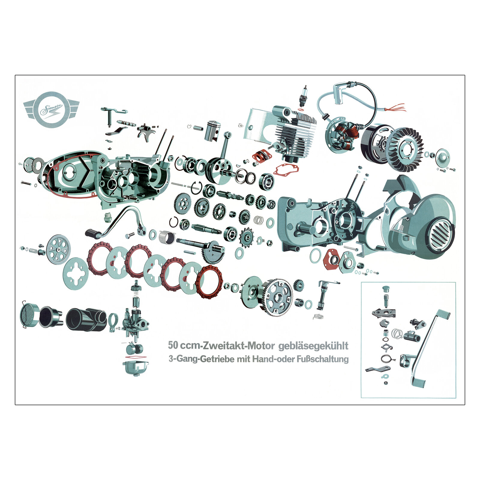 Explosionsdarstellung Farbposter (72x50cm) 50cm-Zweitakt-Motor gebläsegekühlt; 3-Gang-Getriebe mit Hand- oder Fußschaltung (beidseitig Glanzcello, schmutzabweisend)